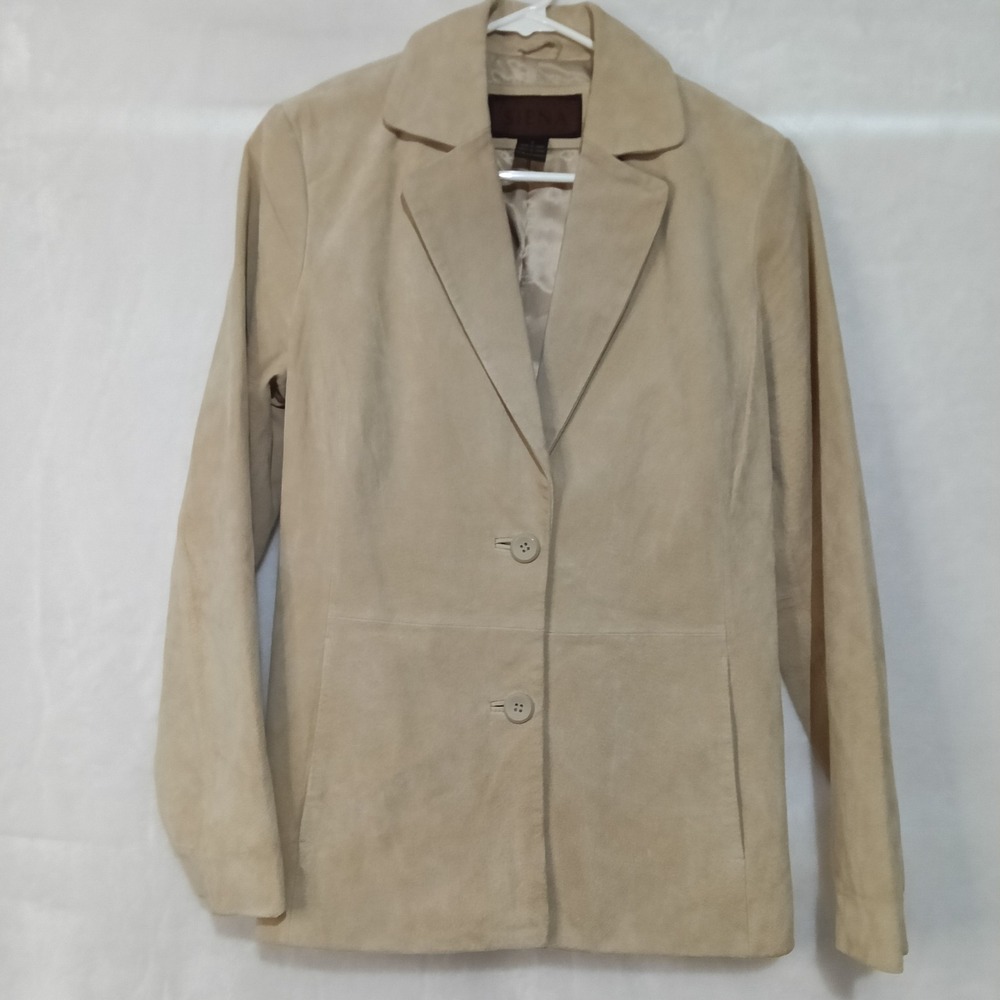 Siena Tan Leather Blazer Jacket Womens Size 6 Beige Two Button Coat Vtg Y2K